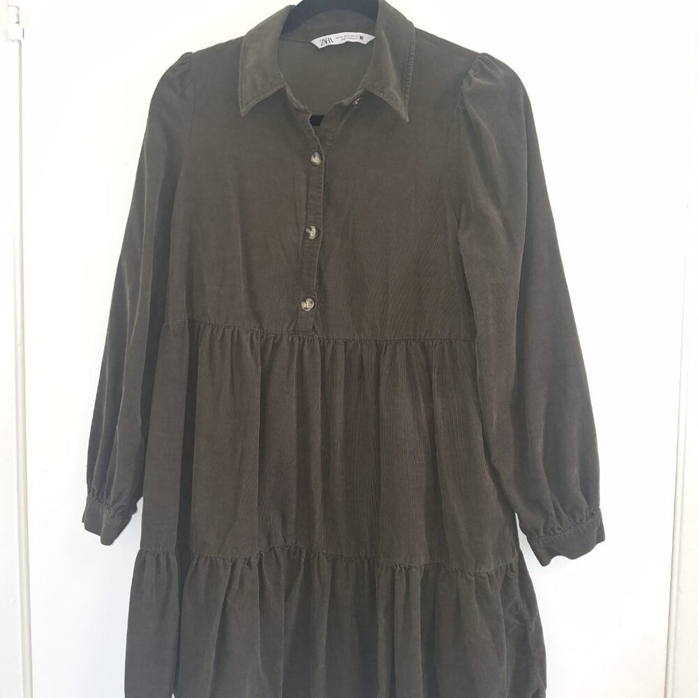 Zara Brown Corduroy Mini Shirt Dress Collared Button Tiered Long Sleeve XS - Picture 1 of 5
